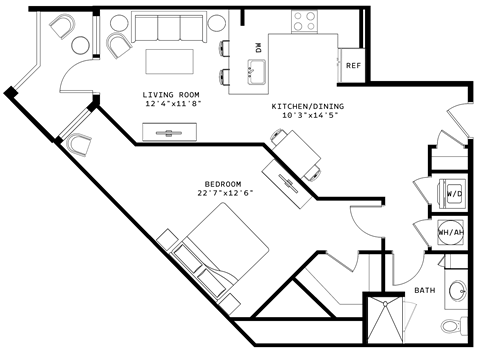 Floor plan for 1 bed, 1 bath, 853 sqft